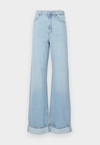 Světle modré džíny s širokými nohavicemi vyrobené z denimu. Vysoký pas se zapínáním na knoflík a zip. Ohrnuté nohavice a klasický pětikapsový design.