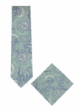 Krawatten- und Einstecktuch-Set in hellgrün mit blau-weißem floralen Paisley-Muster.
