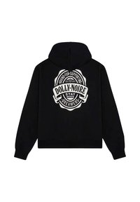 Zwarte hoodie met lange mouwen, een trekkoordcapuchon en een witte grafische logo op de achterkant. Gemaakt van zachte stof met een losse pasvorm.