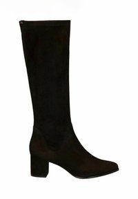 Stivale alto in suede nero con punta quadrata, tacco spesso e texture liscia; presenta dettagli minimi e una silhouette aderente.