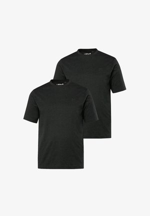 Due magliette a manica corta in tessuto grigio scuro, con scollatura rotonda e un piccolo logo sul petto. Texture liscia, design casual.