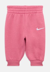 Ροζ φούτερ παντελόνι με ελαστική μέση και ριμπ μανσέτες. Διαθέτει ένα μικρό λευκό λογότυπο Nike στην αριστερή πλευρά. Μαλακή υφή.
