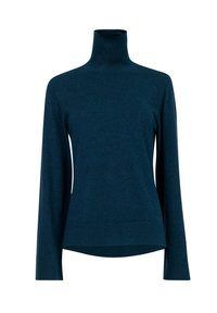 Pull à col roulé en bleu canard, fabriqué en tricot doux. Il dispose de manches longues, d'ourlets côtelés, et d'une coupe décontractée avec un bas légèrement arrondi.