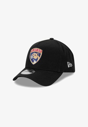Black baseball cap featuring an embroidered Florida Panthers logo at the front and a curved visor. Made of textile material with a structured design.