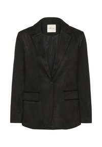 Čierny blazer s jedným gombíkom a klopovým golierom, s vreckami na klopu a hladkou saténovou podšívkou, označený "CREAM" vo vnútri goliera.