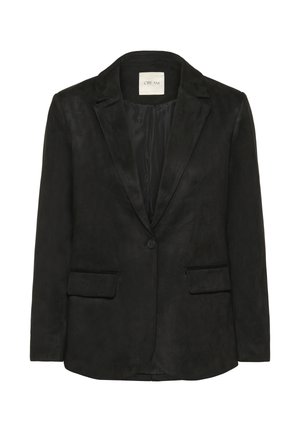 Čierny blazer s jedným gombíkom a klopovým golierom, s vreckami na klopu a hladkou saténovou podšívkou, označený "CREAM" vo vnútri goliera.