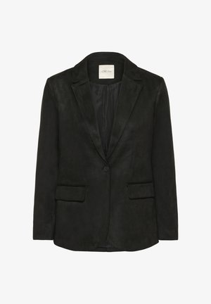 Must mustriga ühe nupu meeste sviiter, millel on lõikega kraed, klapp-taskud ja siledast satiinist vooder, krae sees silt "CREAM".