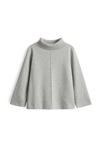 Grauer Strickpullover mit Rollkragen und langen Ärmeln, der eine dezente Rippstruktur und einen geraden Saum aufweist, gefertigt aus weichem Stoff.