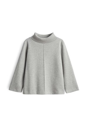 Maglione grigio a collo alto con maniche lunghe, caratterizzato da una sottile texture a coste e orlo dritto, realizzato in un tessuto morbido.