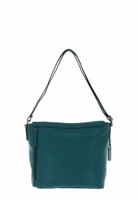 Sac à main en cuir bleu sarcelle avec une poche zippée, une bandoulière ajustable et une texture lisse. Il présente des coutures noires et des accents métalliques.