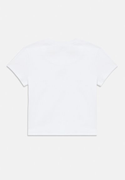 T-shirt blanc uni à manches courtes, étalé à plat, montrant le dos avec un col rond et un ourlet droit.