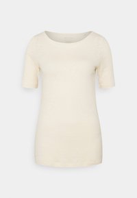 Creamfarbene Kurzarm-T-Shirt aus einem weichen, strukturierten Stoff mit Rundhalsausschnitt, das eine lässige Passform und ein minimalistisches Design aufweist.