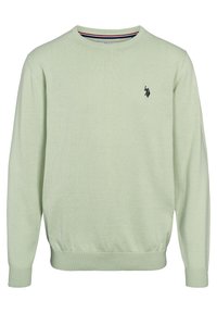 Lichtgroene gebreide trui met lange mouwen, ronde hals en geribde manchetten. Bevat een klein zwart logo op de linkerkant van de borst.