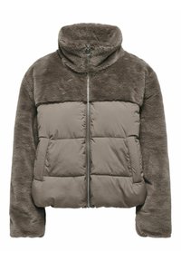 Brown puffer jacket with faux fur top, quilted lower section, high collar, and a front zipper. Features two side pockets. Soft texture.
