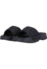 Black rubber slide sandals with an open toe design, featuring wide straps and textured soles for grip, embossed branding on the straps.