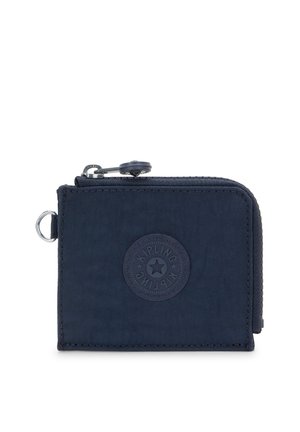 Lille mørkeblå pung med lynlås, forsynet med rundt logopatch og metalring på siden, fremstillet af tekstureret stof.