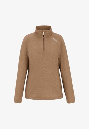 Pull polaire marron avec une fermeture éclair quart de zip à l'avant et un col montant, avec un petit logo blanc sur le haut gauche de la poitrine.