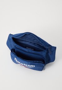 Bolsa de ombro de tecido azul com dois compartimentos com zip e um destacado logótipo da Reebok em branco na frente. Textura suave, design compacto.