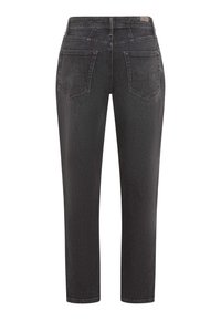 Jeans en denim noir avec une coupe droite, dotés d'une taille haute, de deux poches arrière et de détails de couture subtils. La texture paraît lisse.