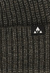 Gebreide beanie in donkergrijs met een gestructureerd, geribbeld patroon. Heeft een zwart label met een witte berglogo. Zachte, wolachtige stof.