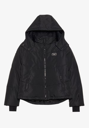Black puffer jacket with a hood, featuring a zip front, two side pockets, stitched panel design, and ribbed cuffs for a snug fit.