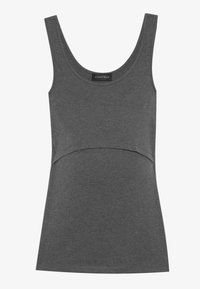 Siva majica brez rokavov iz mehkega materiala, z zaobljenim izrezom in plastno zasnovo v predelu prsi.