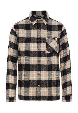 Heren flanellen overhemd in zwart, beige en grijs geruit. Voorzien van een knoopsluiting aan de voorkant, lange mouwen en een borstzak met klep.