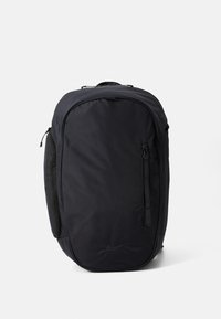 Black Nike backpack with a smooth, matte texture, a zippered side pocket, and a sleek, rounded design. Features a logo on the front.