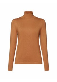 Pull marron ajusté à manches longues et col roulé avec col, poignets et ourlet côtelés, présenté sur un fond blanc.