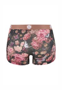 Bloemen boxershorts met roze en perzikrozen, verschillende vlinders en een bruine tailleband met ronde logo's.