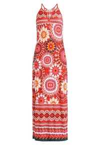 Vestido largo rojo con flores y cuello halter, que presenta intrincados patrones de flores y formas geométricas, hecho de tejido ligero.