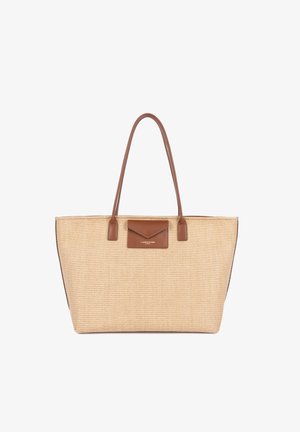 Sac fourre-tout beige en tissu tissé avec des poignées en cuir marron et une petite poche avant embossée du logo "Lancaster Paris".