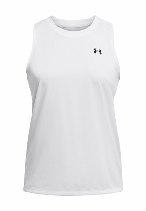 Camiseta deportiva blanca sin mangas hecha de tela suave, con escote redondo y un pequeño logo negro en la parte superior izquierda.