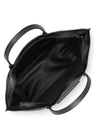 Borsa a tote in pelle nera con texture liscia, apertura superiore, due manici e una tasca interna con zip. Design minimalista e interno spazioso.