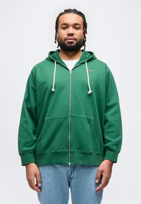 Άνδρας με πλεγμένα μαλλιά και γένια, που φοράει πράσινο φούτερ με φερμουάρ και λευκά κορδόνια, καθώς και ανοιχτόχρωμο μπλε τζιν, στέκεται μπροστά σε απλό φόντο.