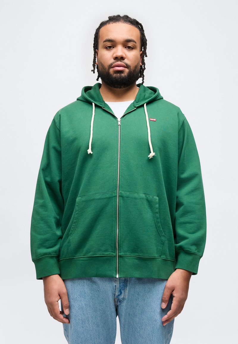 Άνδρας με πλεγμένα μαλλιά και γένια, που φοράει πράσινο φούτερ με φερμουάρ και λευκά κορδόνια, καθώς και ανοιχτόχρωμο μπλε τζιν, στέκεται μπροστά σε απλό φόντο.