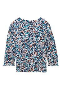 Maglione a maniche lunghe in tessuto leggero con un motivo a foglie nei colori blu navy, turchese e arancione. Presenta un orlo arricciato e un colletto arrotondato.