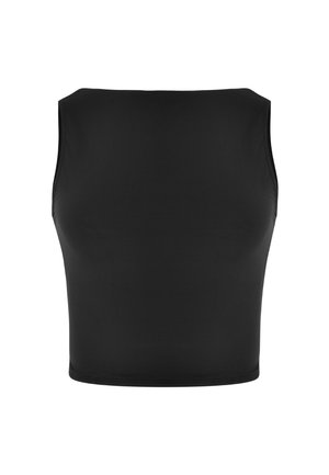 Top negro sin mangas y cropped con un escote cuadrado alto y una silueta ajustada sobre un fondo blanco.