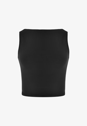 Haut noir sans manches, court, avec un col carré haut et une silhouette ajustée sur fond blanc.