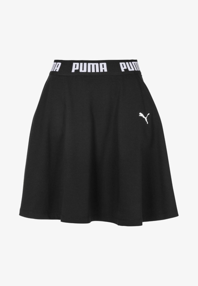 Mustat hame, jossa on leveä joustava vyötärö ja valkoinen "PUMA"-logosuunnittelu. Valmistettu pehmeästä kankaasta, siinä on viehättävä ympyrälinja ja sileä rakenne.