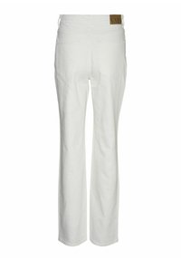 Pantalones de tiro alto blancos hechos de una mezcla de algodón. Presentan un corte recto, dos bolsillos traseros y una etiqueta marrón de marca en la cinturilla.