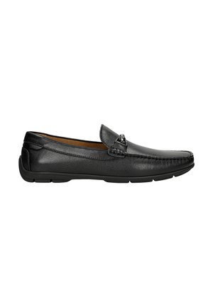 Schwarze Lederloafers mit strukturiertem Finish, als Slipper ausgeführt und mit dekorativem Metallzubehör auf der Vorderseite. Flexible Gummisohle.