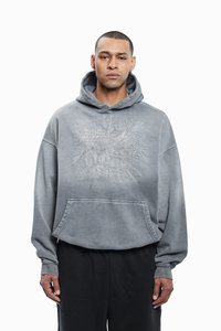 Grey hoodie made from a soft material. Features a front pocket, a drawstring hood, and embossed floral graphics with text on the chest.