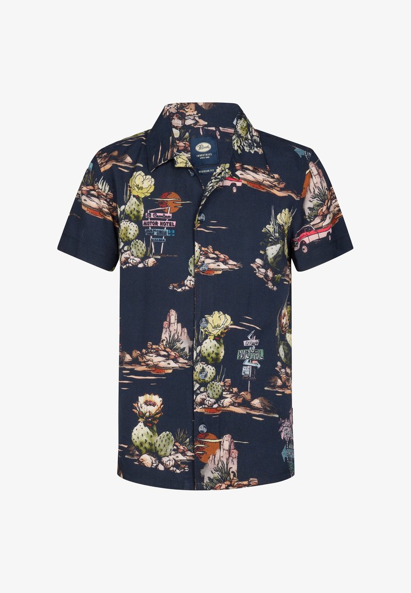 Chemise bleu marine à manches courtes avec boutons, imprimée sur le thème du désert comprenant des cactus, des rochers, des voitures anciennes et des enseignes rétro de motels.