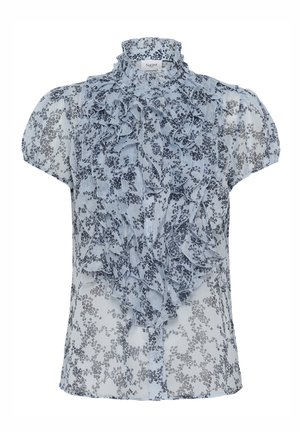 Lyseblå, gennemsigtig bluse med blomsterprint, flæsedetaljer foran, korte ærmer og høj krave. Knapper foran. Blødt, textured stof.