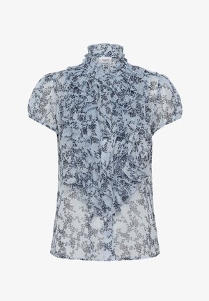 Svetlo modra prosojna bluza z rožnatim potiskom, naborki spredaj, kratkimi rokavi in visokim ovratnikom. Gumbi spredaj. Mehka, teksturirana tkanina.