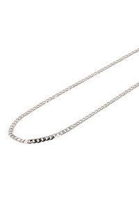 Srebrzysta metalowa naszyjnik łańcuszkowy z płaskim, wzorem połączonych ogniw typu curb o gładkim, wypolerowanym wykończeniu.