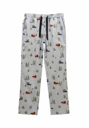 Hellblaue Jogginghose mit elastischem Bund, bedruckt mit roten und blauen Oldtimerautos, grünen Kiefern und kleinen Tieren.