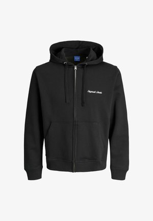 Czarna bluza z kapturem na zamek, wykonana z mieszanki bawełny, z regulowanym kapturem, przednimi kieszeniami, ściągaczami na rękawach i haftowanym napisem na piersi.