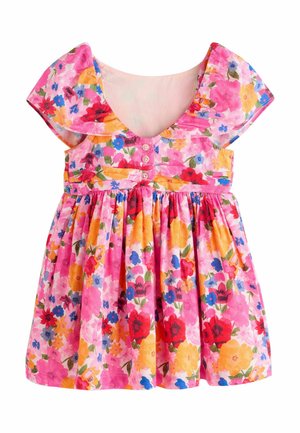 Piges kortærmet kjole med bred krave, knappelukning foran og flerfarvet blomsterprint i pink, rød, gul, blå og grøn.